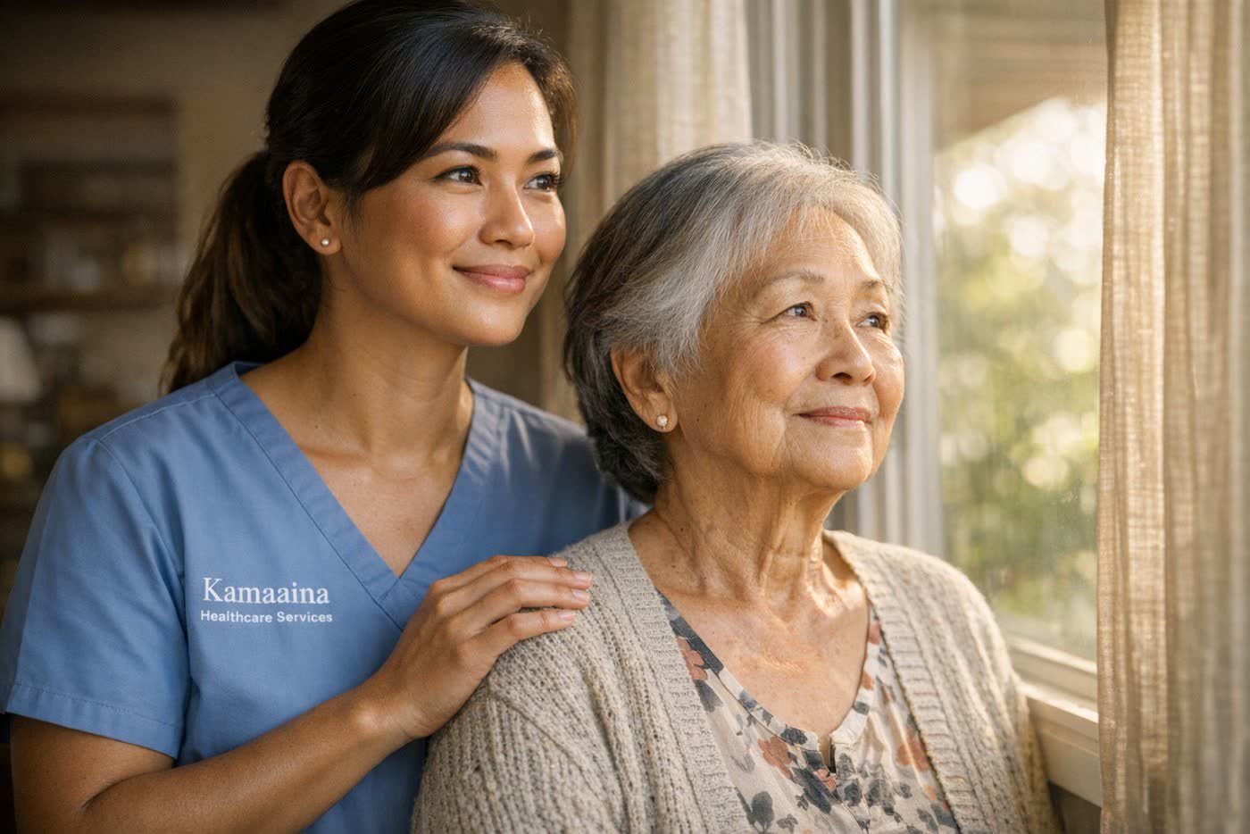 A Kamaʻaina caregiver sharing a warm, reassuring moment with a client at home