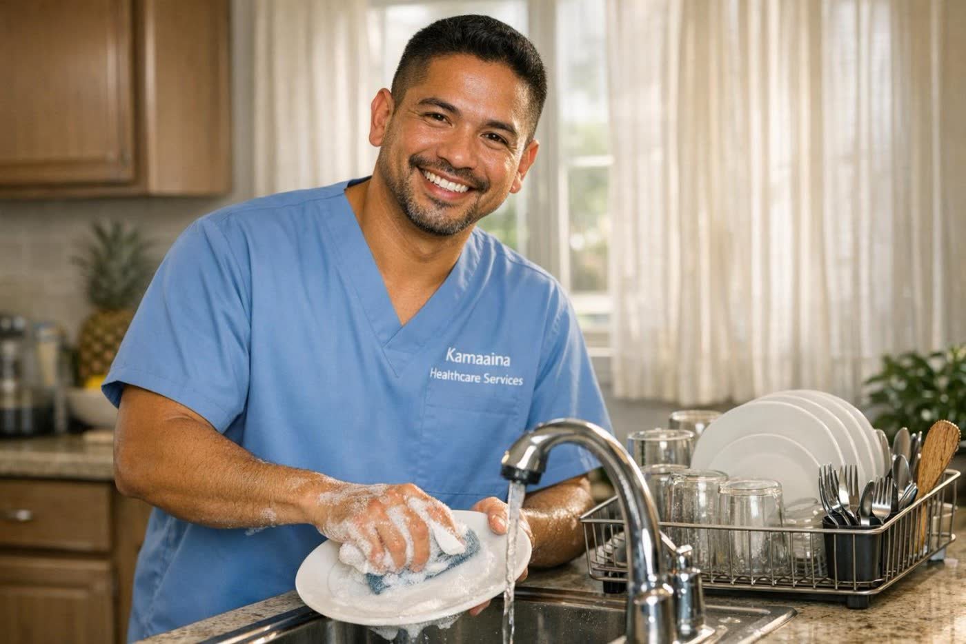Kamaʻaina caregiver washing dishes in a client’s kitchen