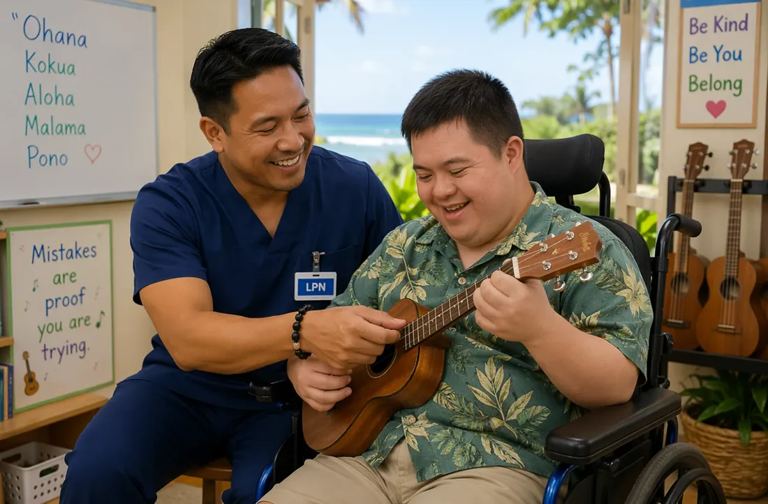 Caregiver assisting a participant with daily living skills at home