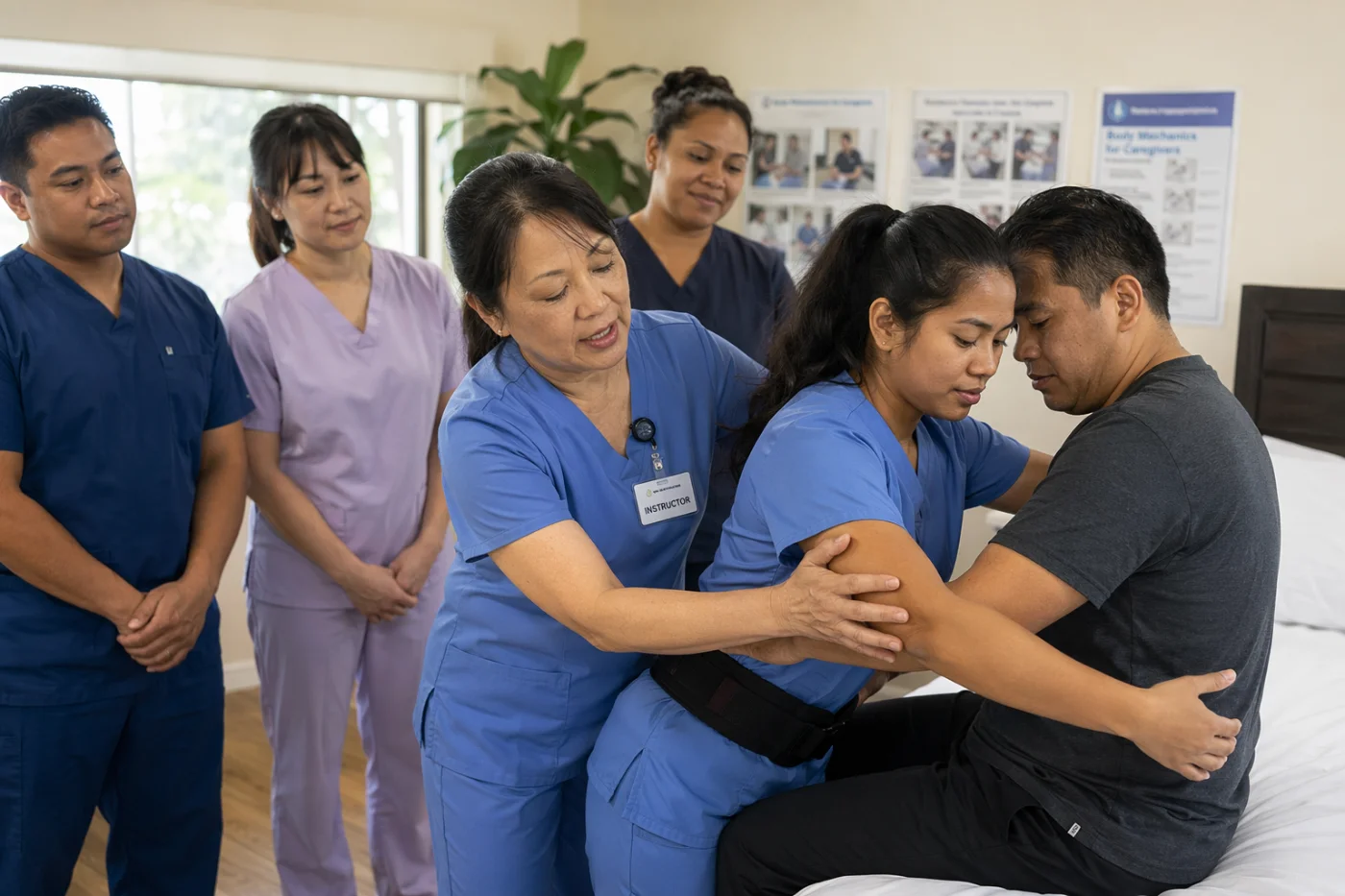 A nurse instructor guiding caregivers through a safe patient-transfer technique
