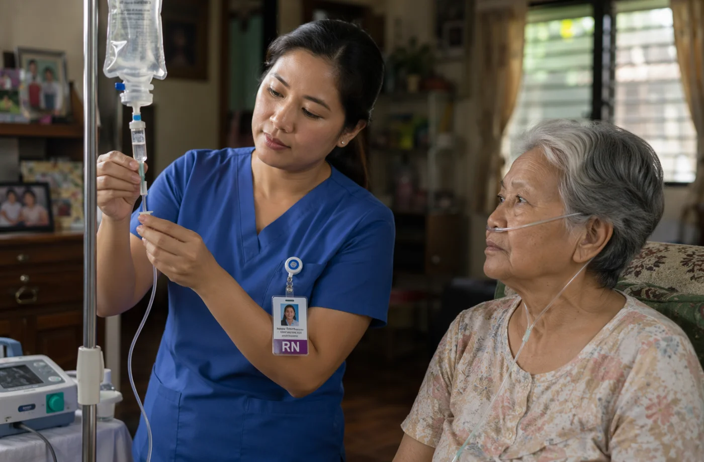 Nurse managing oxygen and IV therapy for a patient