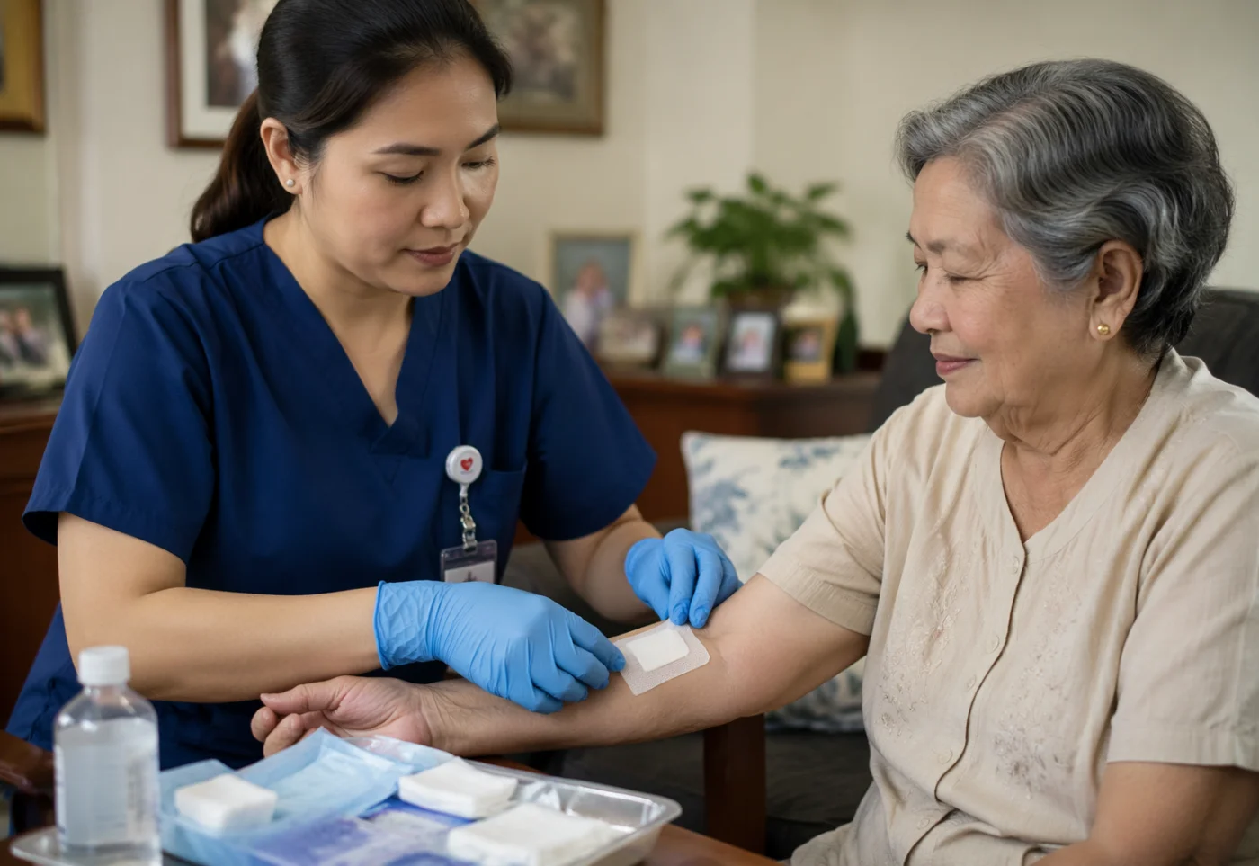 Nurse providing wound care to a patient at home