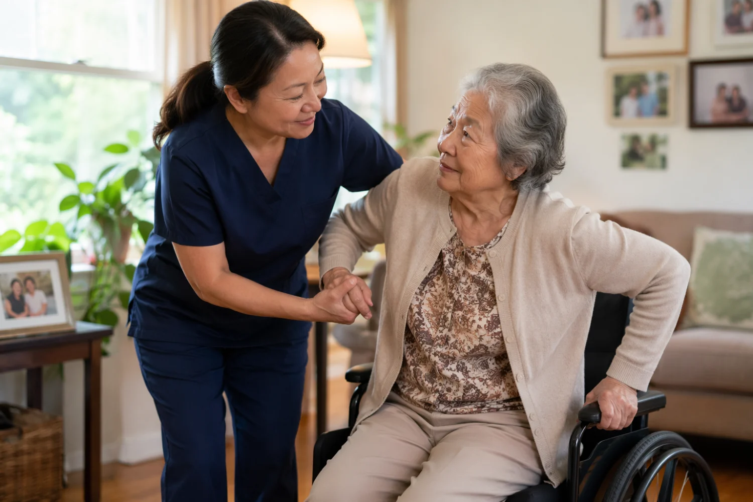 Caregiver comforting a smiling elderly woman at home