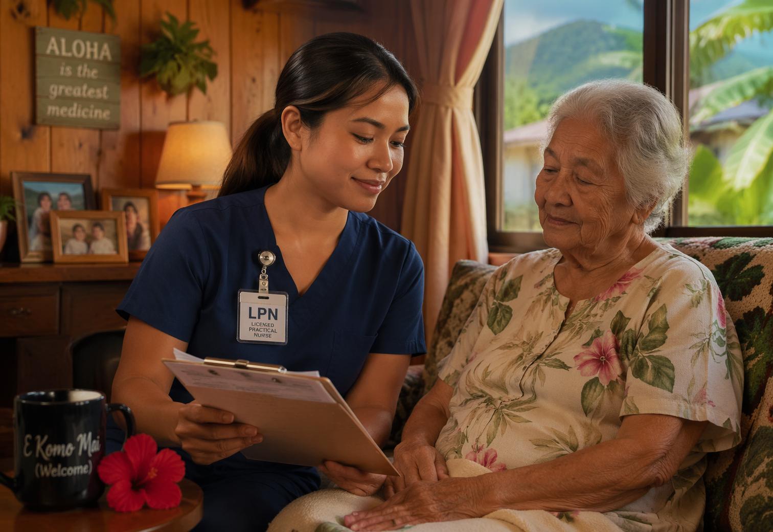 Nurse reviewing care information with an elderly woman at home